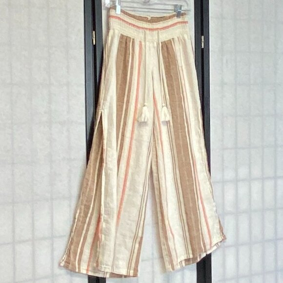 Vanilla Star Linen Gauze Flyaway Palazzo Pants M Wide Waist Split Sides Striped - Picture 3 of 13